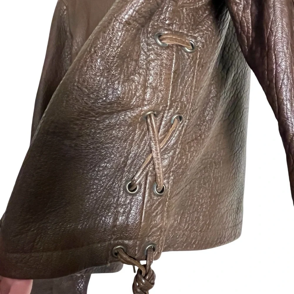 90s vintage carole little leather jacket moto brown front zip pebbled leather 6 - Picture 7 of 12